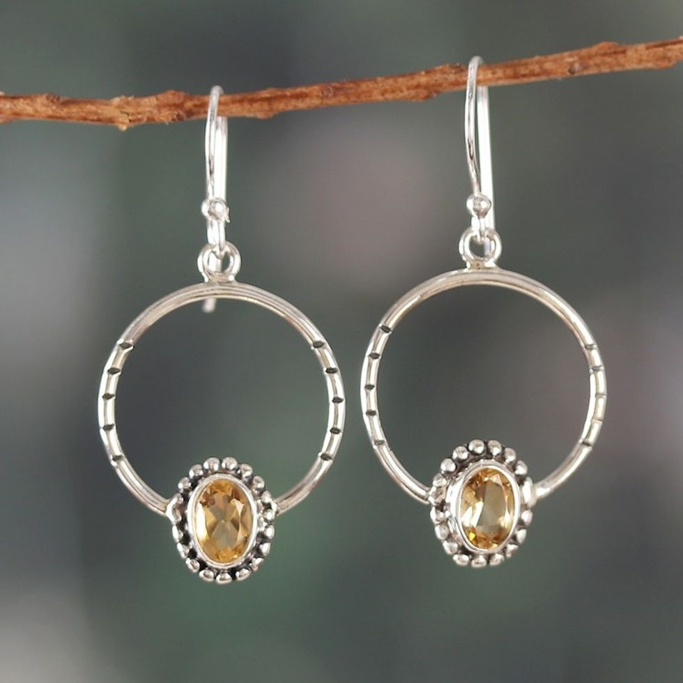 Silver Dangle Earrings with Two-Carat Oval Citrine Gemstones 'Cycles of Radiance'
