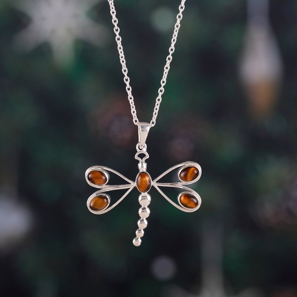 Tiger's Eye Sterling Silver Dragonfly Pendant Necklace 'Brown Dragonfly'