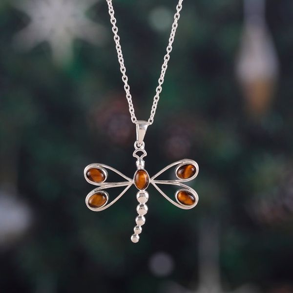 Alternate image for Tigers Eye Sterling Silver Dragonfly Pendant Necklace Brown Dragonfly