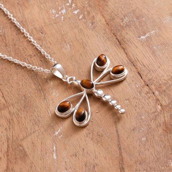 Alternate image for Tigers Eye Sterling Silver Dragonfly Pendant Necklace Brown Dragonfly