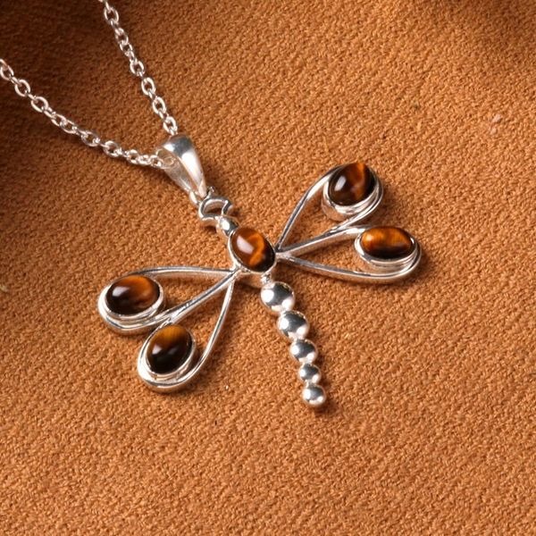 Alternate image for Tigers Eye Sterling Silver Dragonfly Pendant Necklace Brown Dragonfly