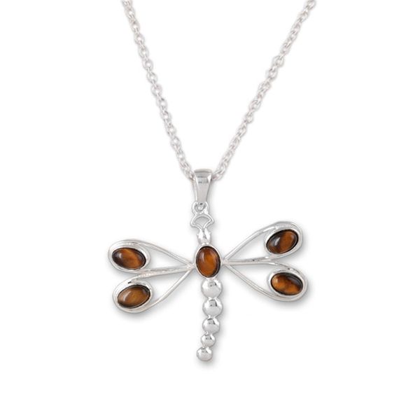 Alternate image for Tigers Eye Sterling Silver Dragonfly Pendant Necklace Brown Dragonfly