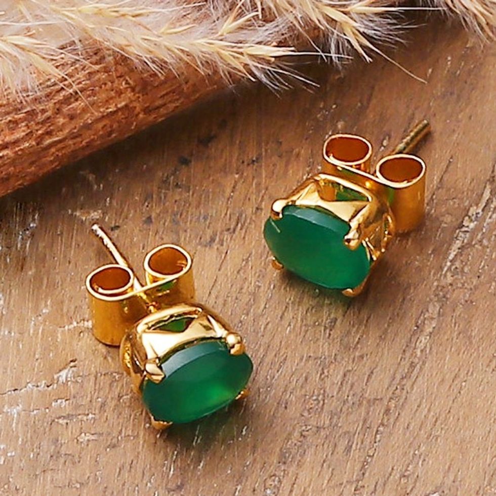 Classic 22k Gold-Plated 2-Carat Green Onyx Stud Earrings 'Lavishly Green'