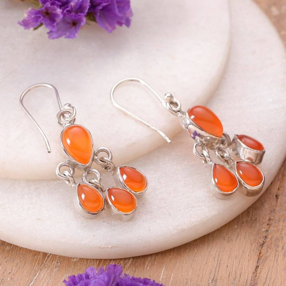Natural Carnelian and Sterling Silver Chandelier Earrings 'Sunset Drops'