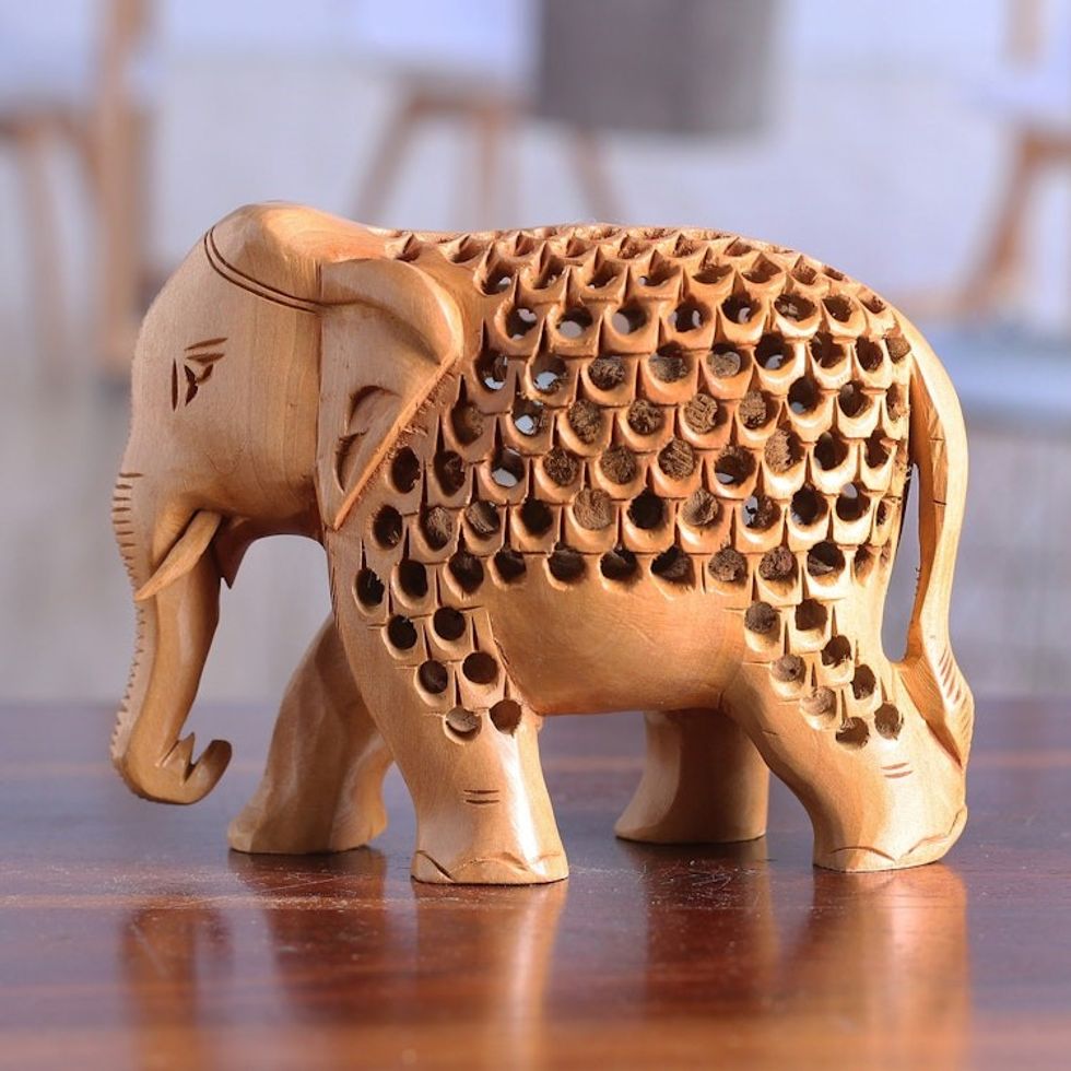 Hand-Carved Jali-Inspired Kadam Wood Elephant Sculpture 'Regal Giant'