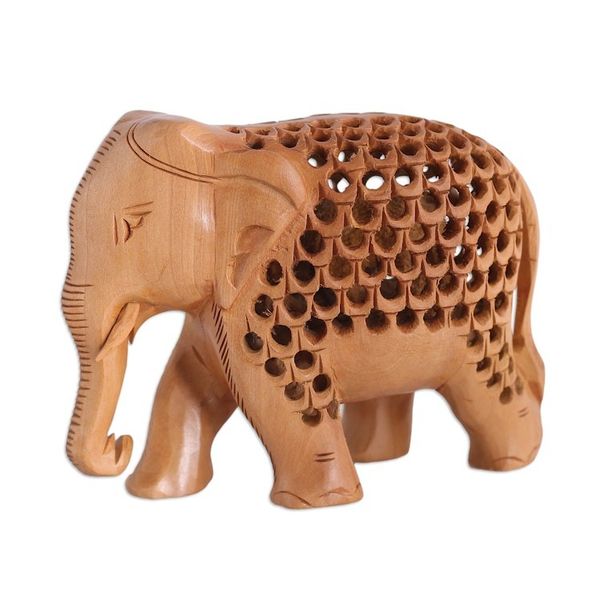 Alternate image for Hand-Carved Jali-Inspired Kadam Wood Elephant Sculpture Regal Giant