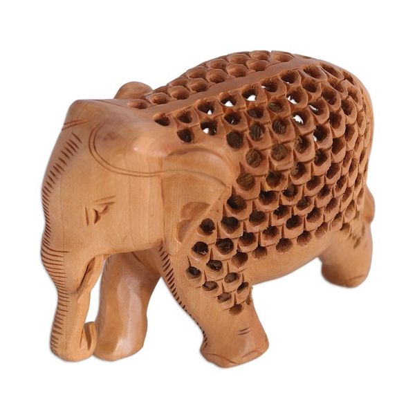Alternate image for Hand-Carved Jali-Inspired Kadam Wood Elephant Sculpture Regal Giant