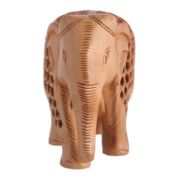 Alternate image for Hand-Carved Jali-Inspired Kadam Wood Elephant Sculpture Regal Giant