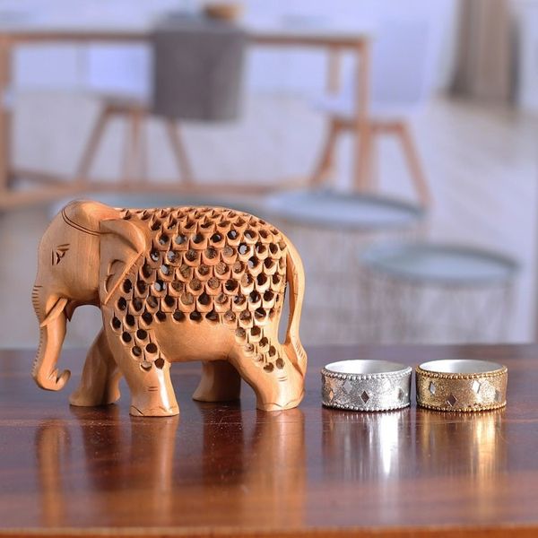 Alternate image for Hand-Carved Jali-Inspired Kadam Wood Elephant Sculpture Regal Giant