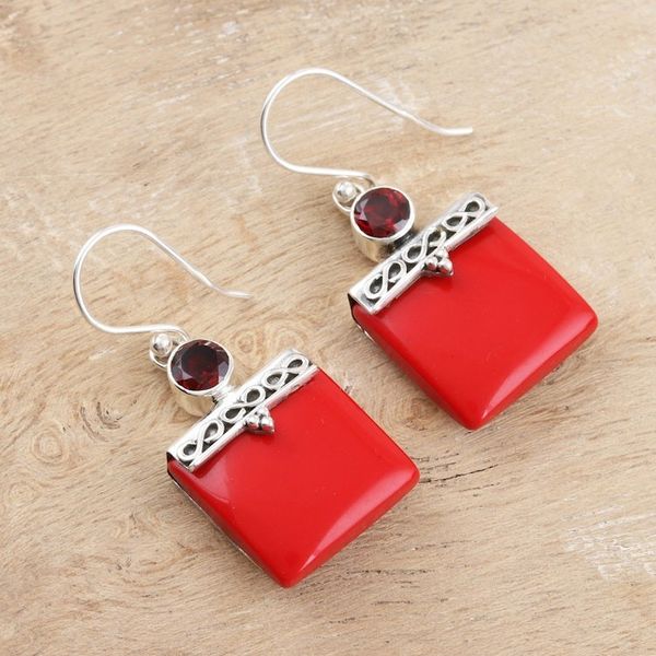 Alternate image for Red Calcite and Garnet Silver Dangle Earrings Glory in Red