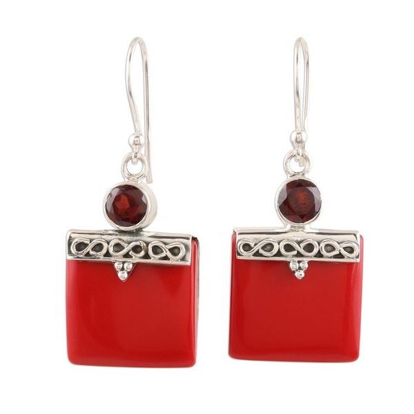 Alternate image for Red Calcite and Garnet Silver Dangle Earrings Glory in Red