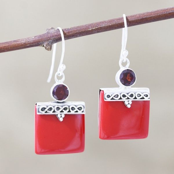 Alternate image for Red Calcite and Garnet Silver Dangle Earrings Glory in Red