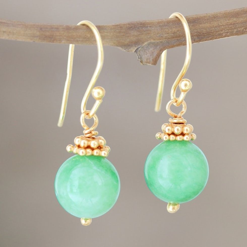 22k Gold-Plated Beaded Green Jade Dangle Earrings from India 'Green Orb'