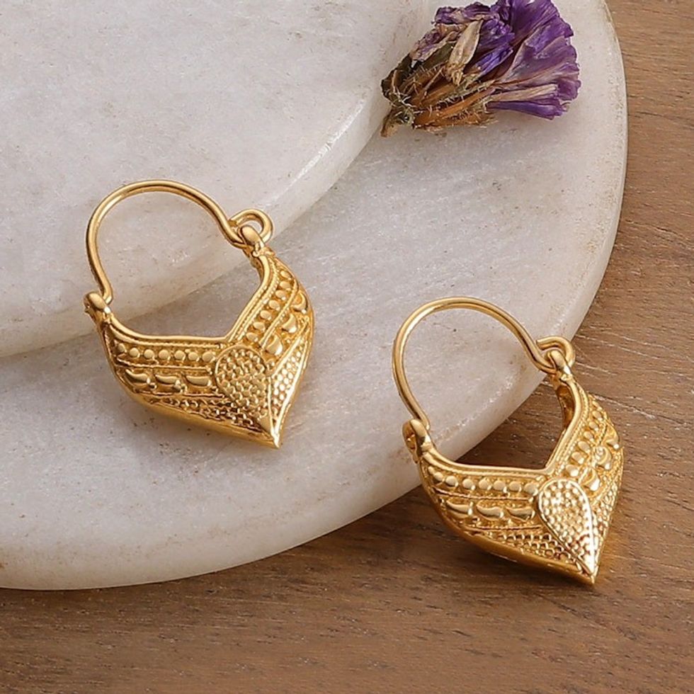 Pointed Textured 22k Gold-Plated Hoop Earrings from India 'Radiant Dew'
