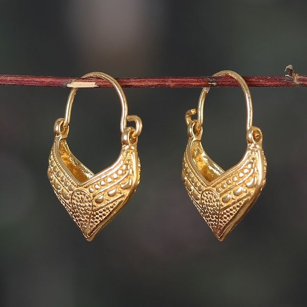 Alternate image for Pointed Textured 22k Gold-Plated Hoop Earrings from India Radiant Dew