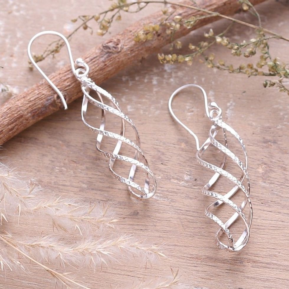 Openwork Textured Polished Sterling Silver Dangle Earrings 'Spiral Nest'