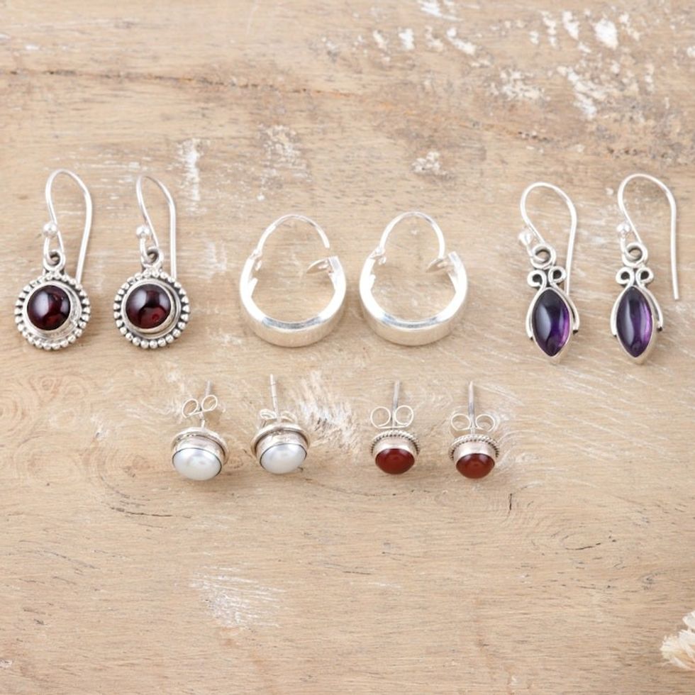 Set of 5 Gemstone Earrings Made from Sterling Silver 'Jewel Mode'