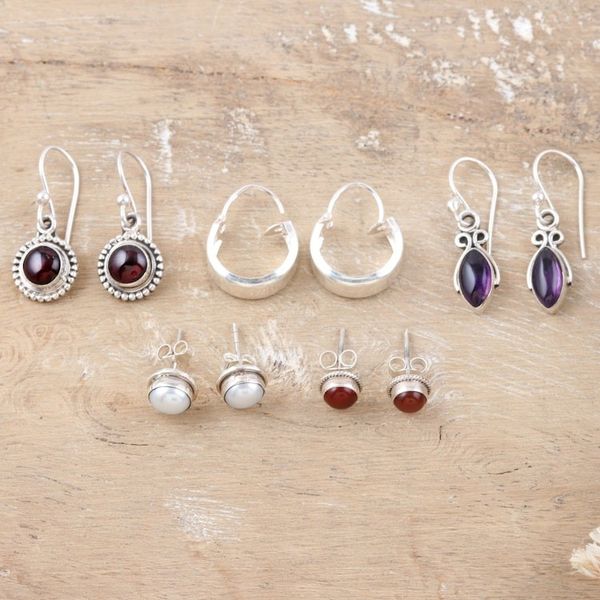 Alternate image for Set of 5 Gemstone Earrings Made from Sterling Silver Jewel Mode