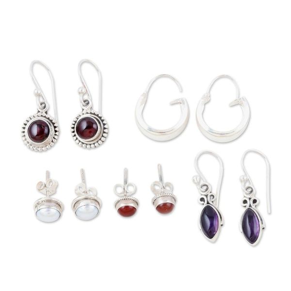 Alternate image for Set of 5 Gemstone Earrings Made from Sterling Silver Jewel Mode