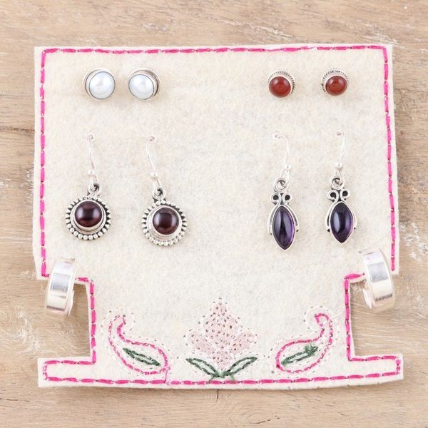 Alternate image for Set of 5 Gemstone Earrings Made from Sterling Silver Jewel Mode