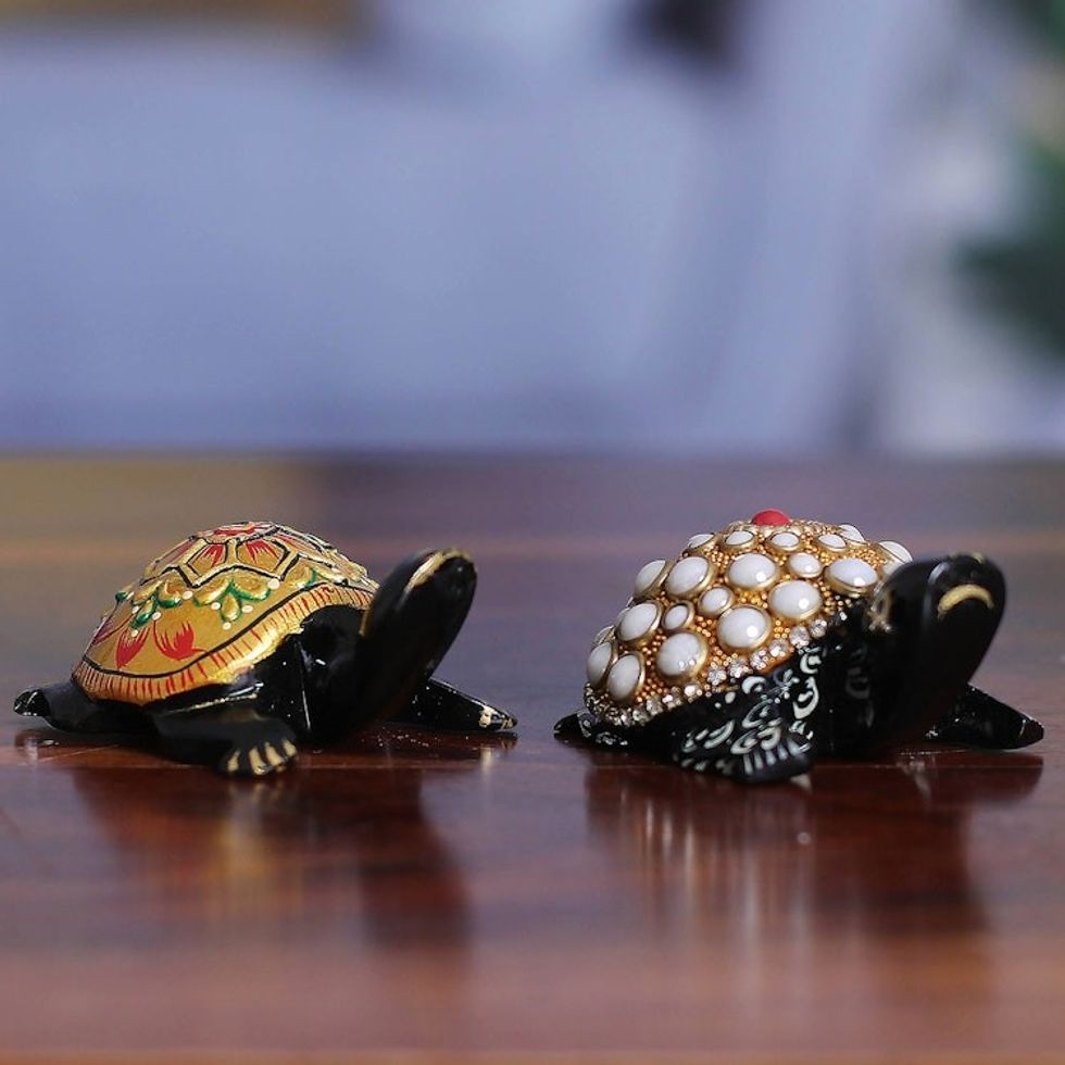 2 Wood Turtle Magnets with Beaded and Hand-Painted Accents 'Festive Turtles'