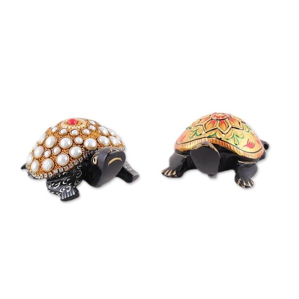 Alternate image for 2 Wood Turtle Magnets with Beaded and Hand-Painted Accents Festive Turtles