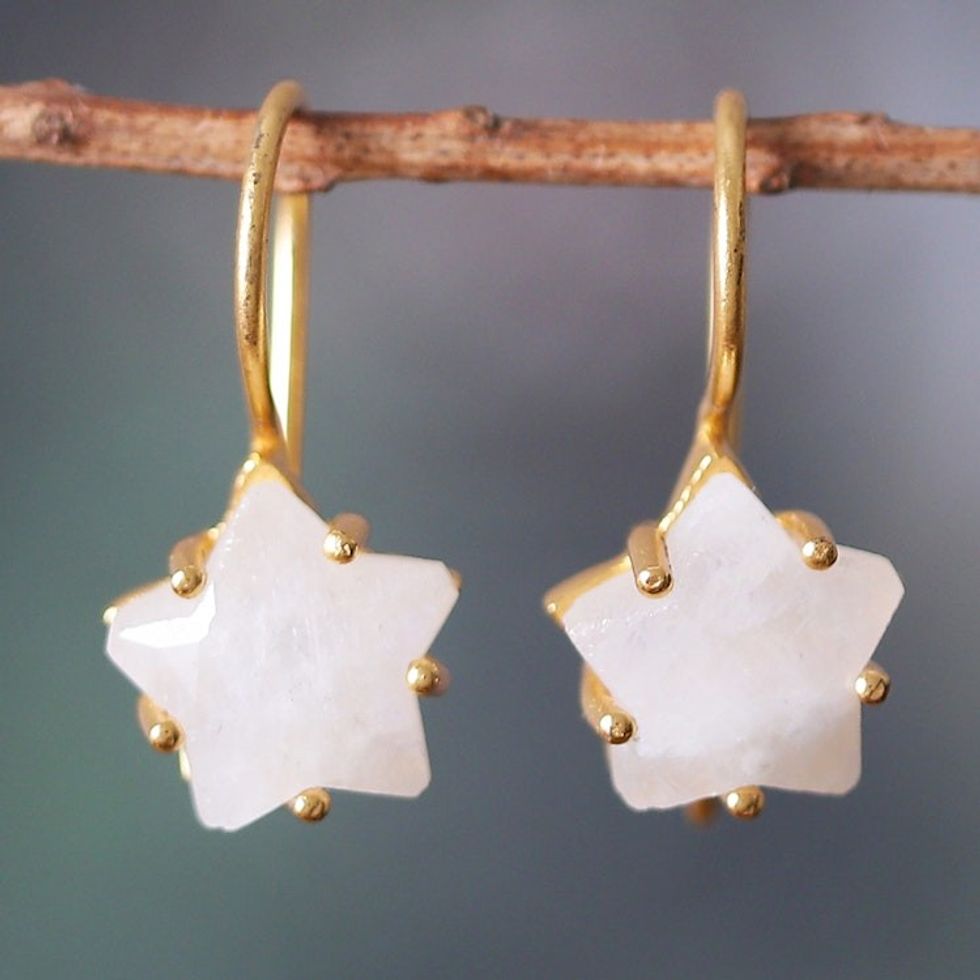 Gold-Plated 6-Carat Natural Rainbow Moonstone Drop Earrings 'Milky Star'