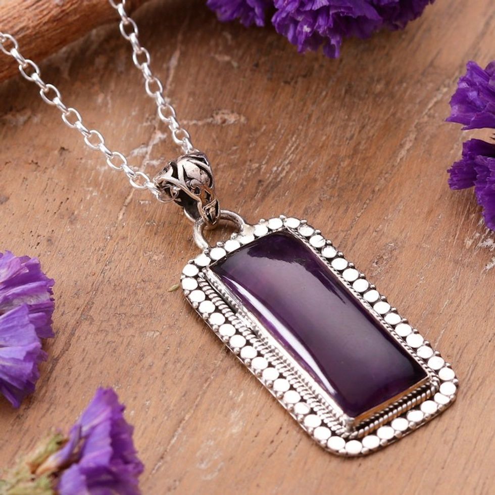 Sterling Silver and Rectangular Amethyst Pendant Necklace 'Purple Incantation'