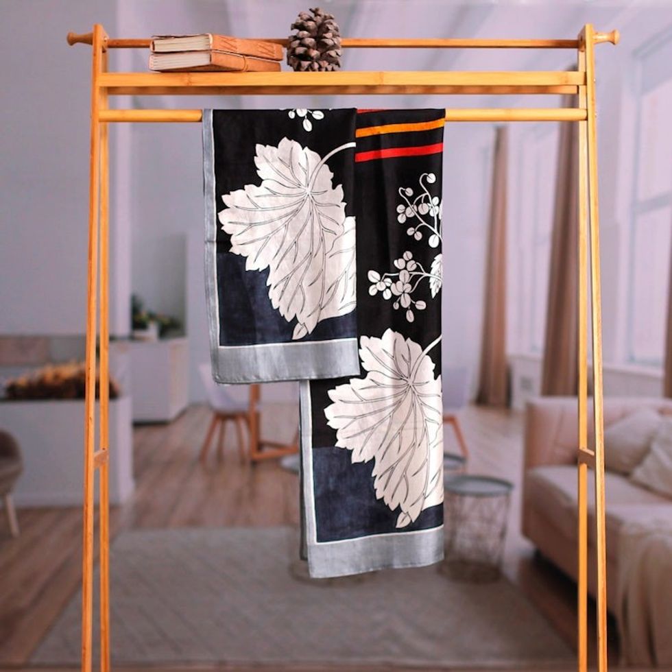 Hand-Painted Bordered Silk Shawl with Leaf Motif from India 'Snow Clad Leaves'