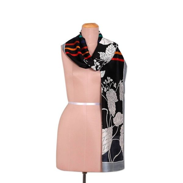 Alternate image for Hand-Painted Bordered Silk Shawl with Leaf Motif from India Snow Clad Leaves