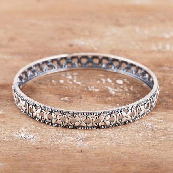 Alternate image for Polished Flower-Themed Sterling Silver Bangle Bracelet Spring Beauty