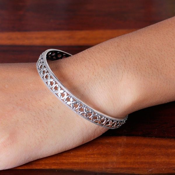 Alternate image for Polished Flower-Themed Sterling Silver Bangle Bracelet Spring Beauty