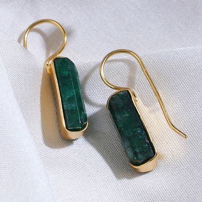 Alternate image for Gold-Plated Modern Minimalist Green Beryl Drop Earrings Emerald Bliss