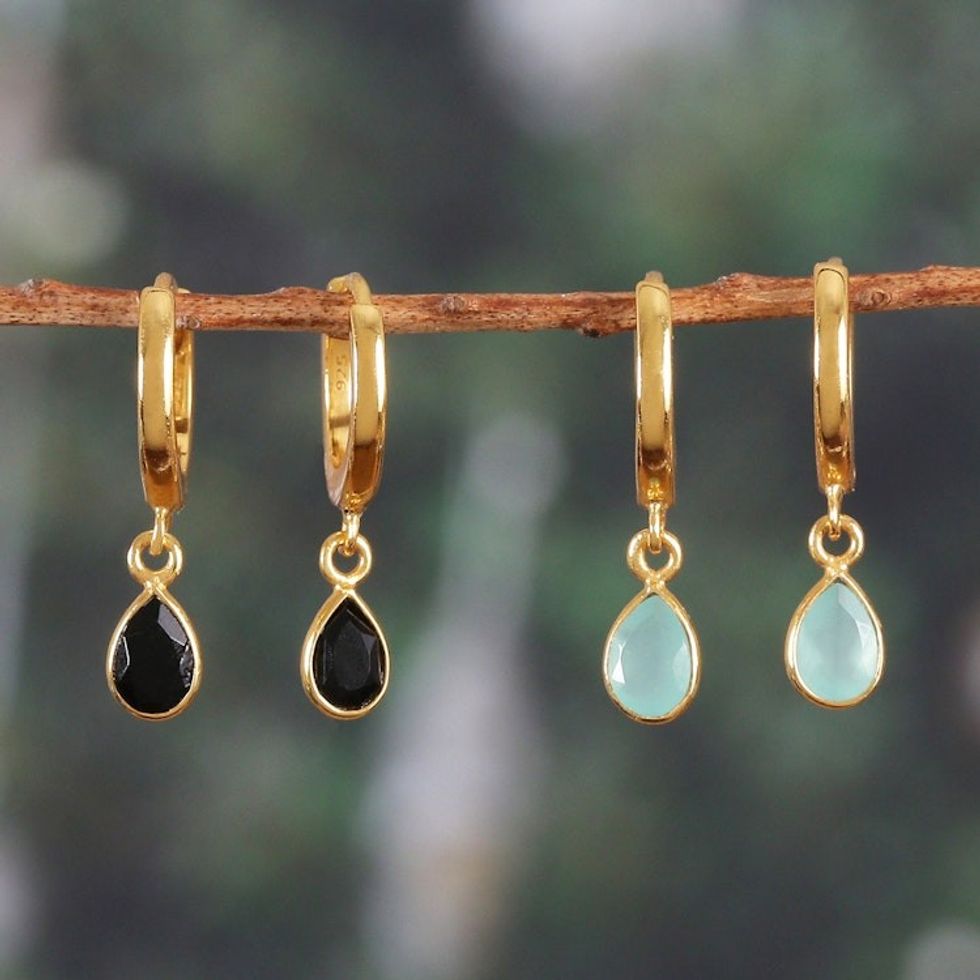 Set of 2 18k Gold-Plated Chalcedony and Onyx Dangle Earrings 'Dual Drops'
