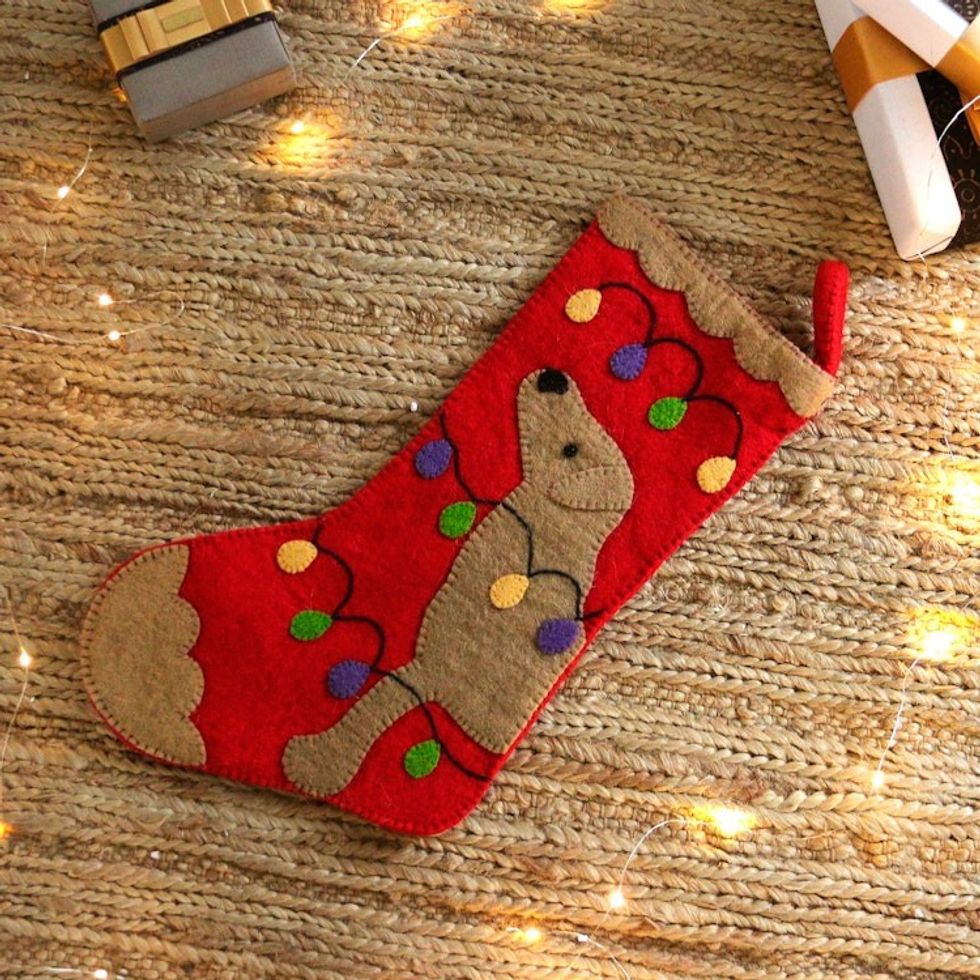 Hand-Stitched Applique Wool Felt Dog Christmas Stocking 'Cheerful Dog'