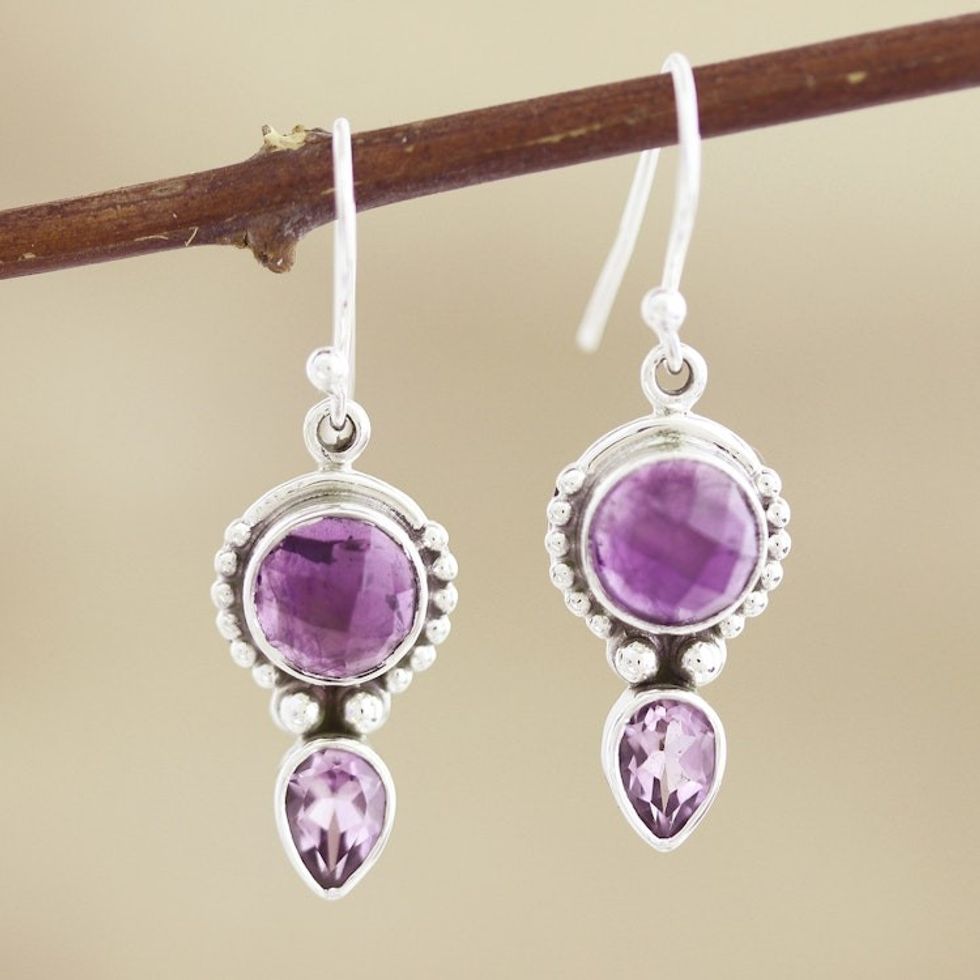 Hand Crafted Sterling Silver Amethyst Dangle Earrings India 'Indian Mist'