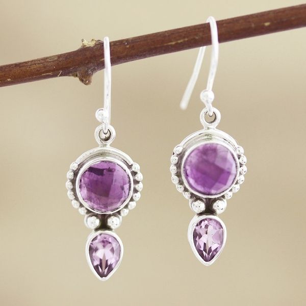 Alternate image for Hand Crafted Sterling Silver Amethyst Dangle Earrings India Indian Mist