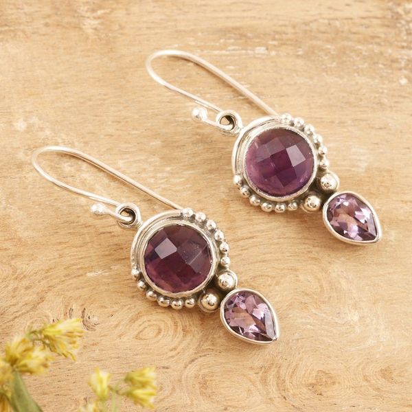 Alternate image for Hand Crafted Sterling Silver Amethyst Dangle Earrings India Indian Mist