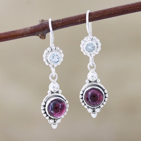 Alternate image for Garnet and Blue Topaz Silver Dangle Earrings Blissful Dazzle