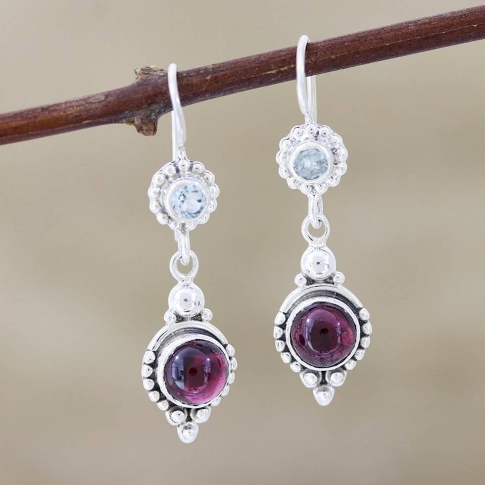 Garnet and Blue Topaz Silver Dangle Earrings 'Blissful Dazzle'