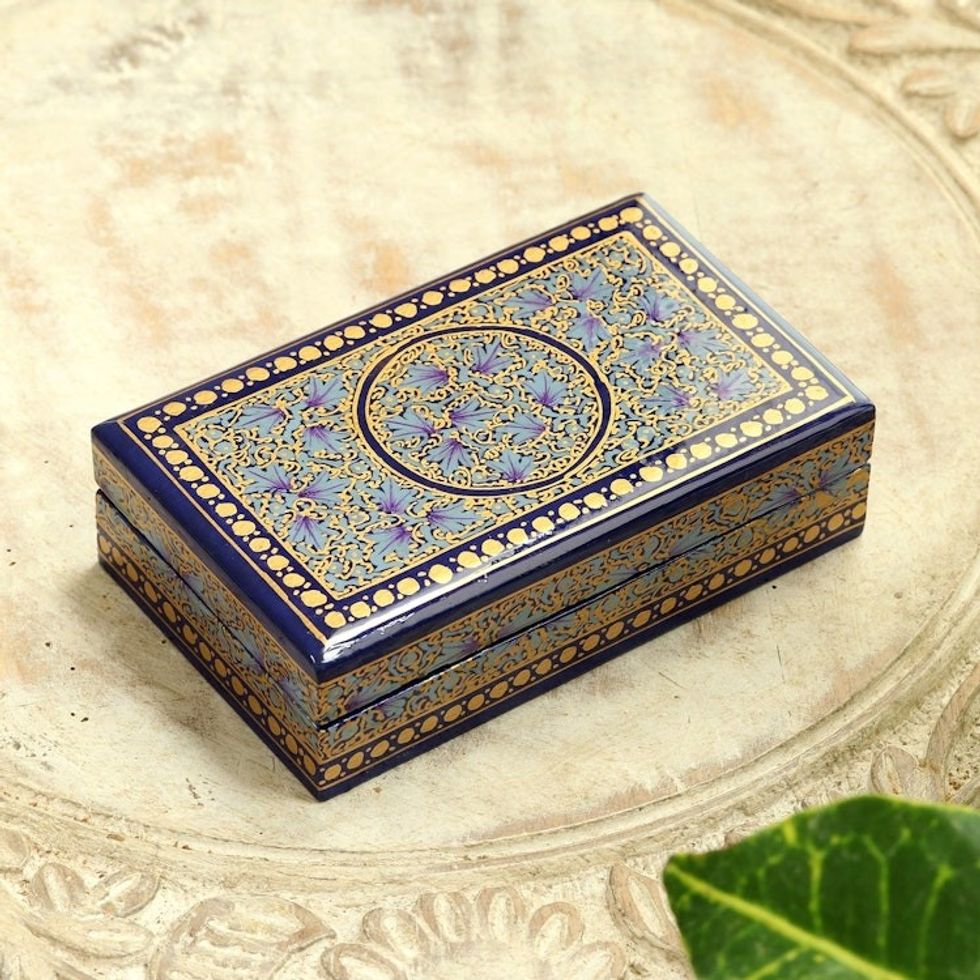 Blue and Gold Velvet-Lined Decorative Box 'Kashmir Tradition'