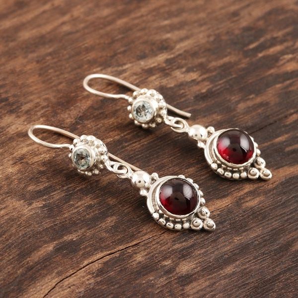 Alternate image for Garnet and Blue Topaz Silver Dangle Earrings Blissful Dazzle