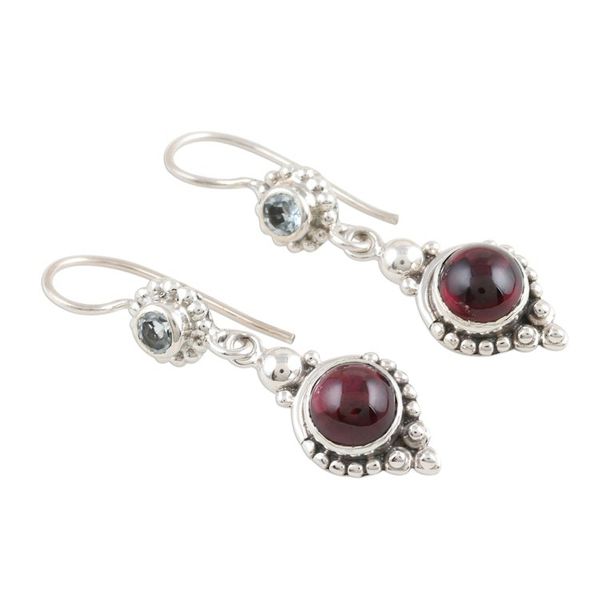 Alternate image for Garnet and Blue Topaz Silver Dangle Earrings Blissful Dazzle