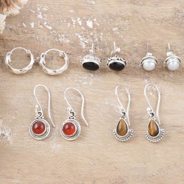 Alternate image for Set of 5 Sterling Silver Gemstone Earrings Crafted in India Precious Styles