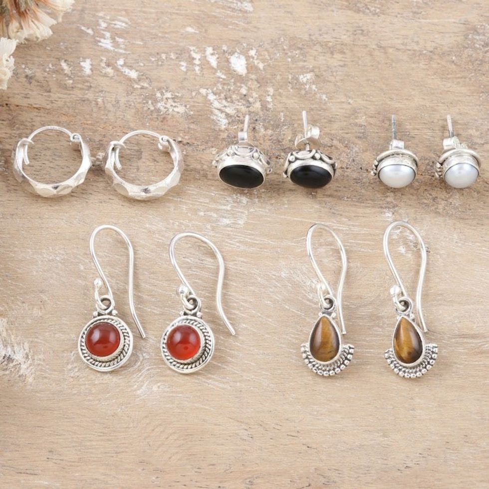 Set of 5 Sterling Silver Gemstone Earrings Crafted in India 'Precious Styles'