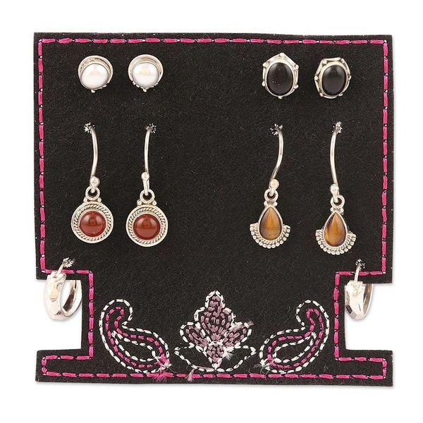 Alternate image for Set of 5 Sterling Silver Gemstone Earrings Crafted in India Precious Styles