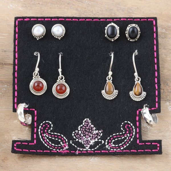 Alternate image for Set of 5 Sterling Silver Gemstone Earrings Crafted in India Precious Styles