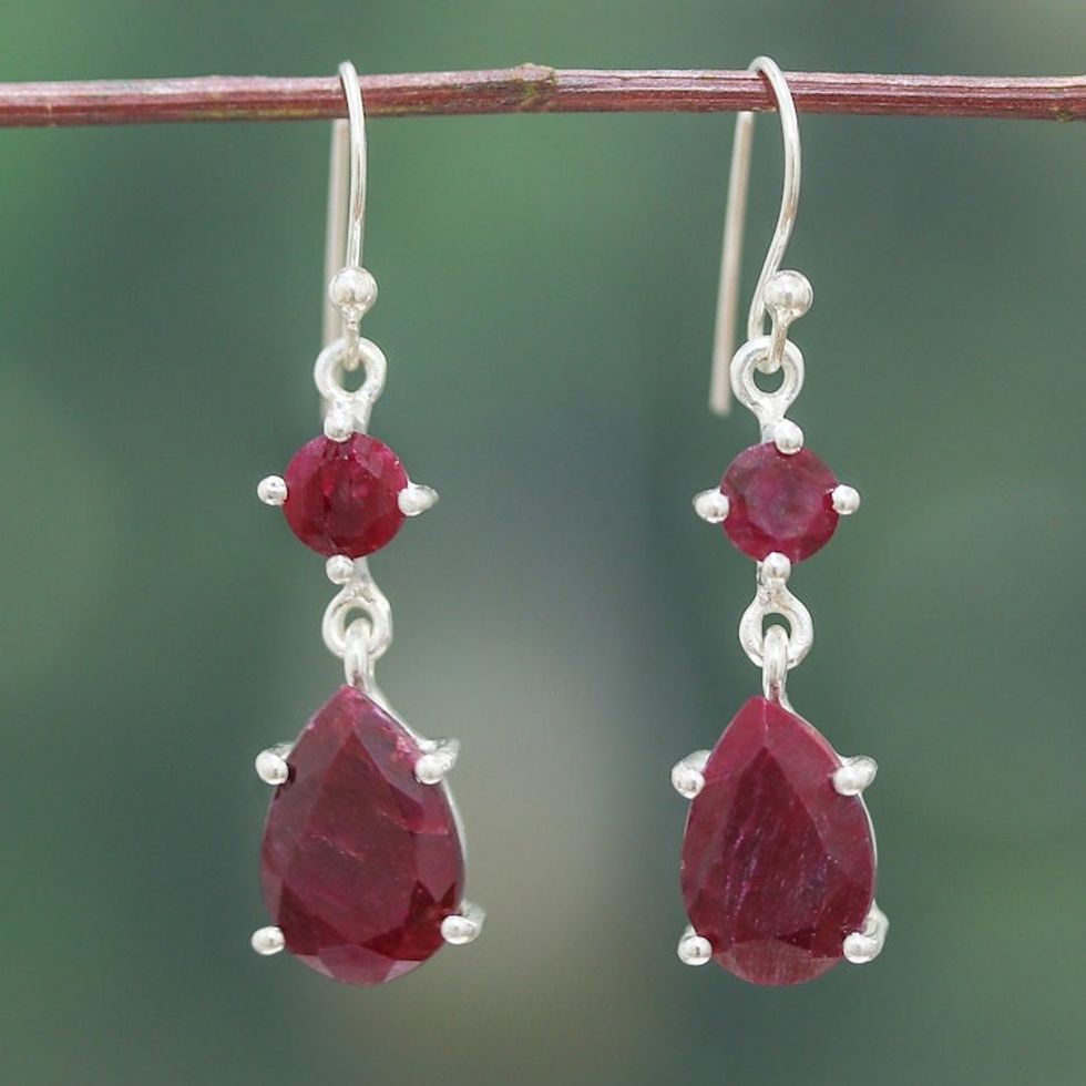 Polished 7-Carat Faceted Pear and Round Ruby Dangle Earrings 'Capricious Elegance'