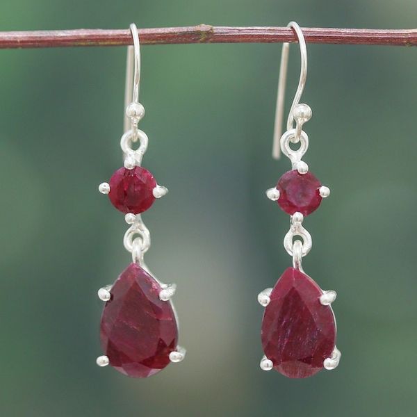 Alternate image for Polished 7-Carat Faceted Pear and Round Ruby Dangle Earrings Capricious Elegance