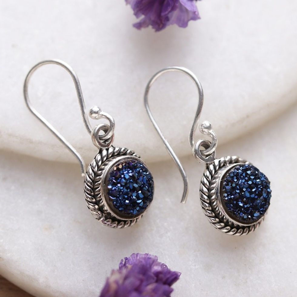 Classic Blue Drusy Quartz Cabochon Dangle Earrings 'Sparkling Intuition'